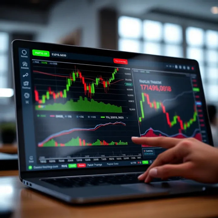 Digital interface displaying a simulated trading platform with charts and portfolio overview