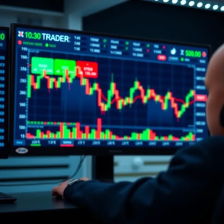 Virtual trading platform interface displaying candlestick charts and strategy tools