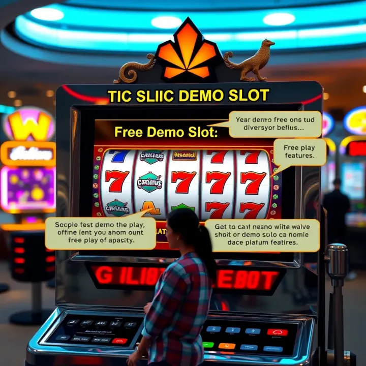 How a Demo Slot Account Operates Illustration showing a slot machine with demo interface highlighting free play features