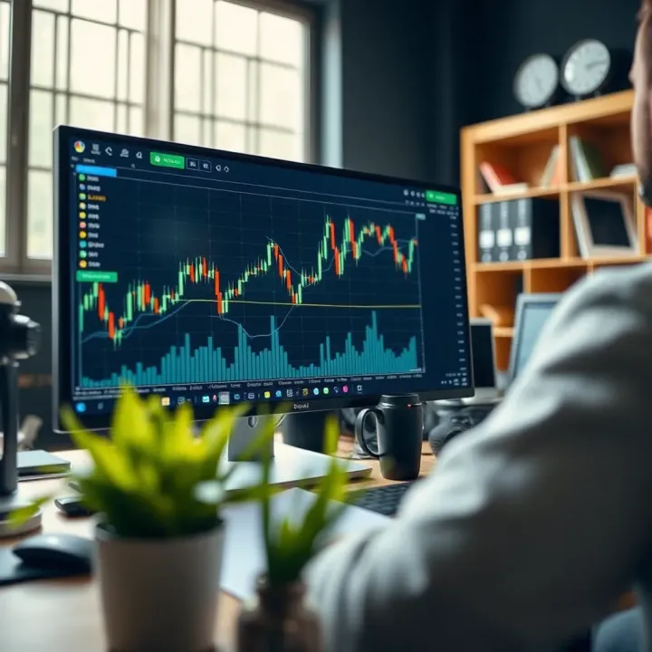 Illustration of a computer screen displaying a trading platform with charts and indicators