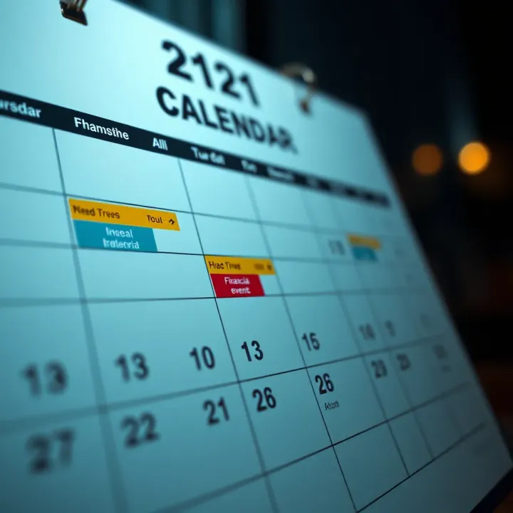 Illustration showing an economic calendar with key financial event dates marked and highlighted