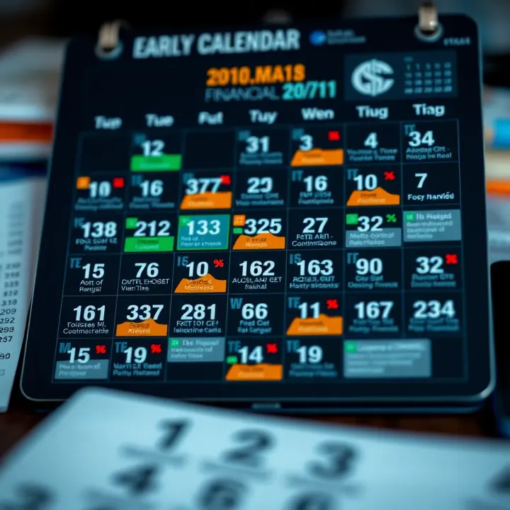 Calendar displaying key economic events highlighted with various financial symbols