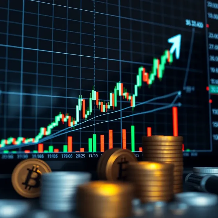 Graph displaying upward trend and binary options trading symbols representing market analysis
