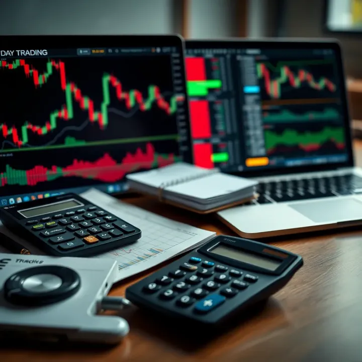 Set of financial tools including charts, calculators, and a laptop for trading activities