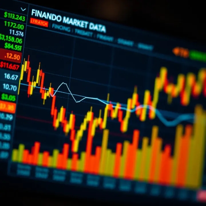Graph showing upward and downward trends in financial market data with various indicators