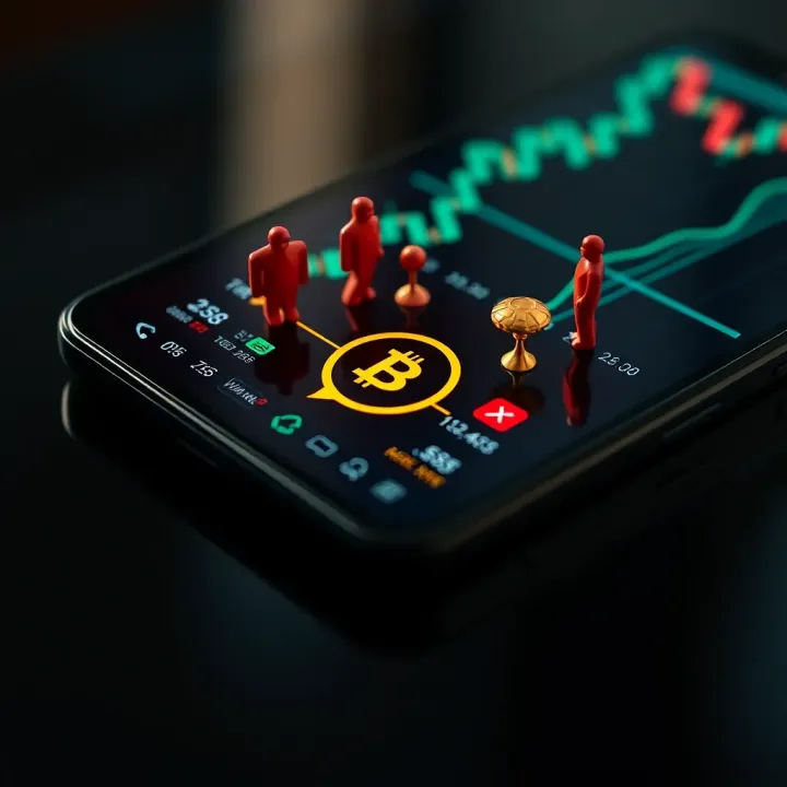 Illustration of financial charts and symbols overlaid on a smartphone, symbolizing decision-making and risks in binary options trading via WhatsApp groups