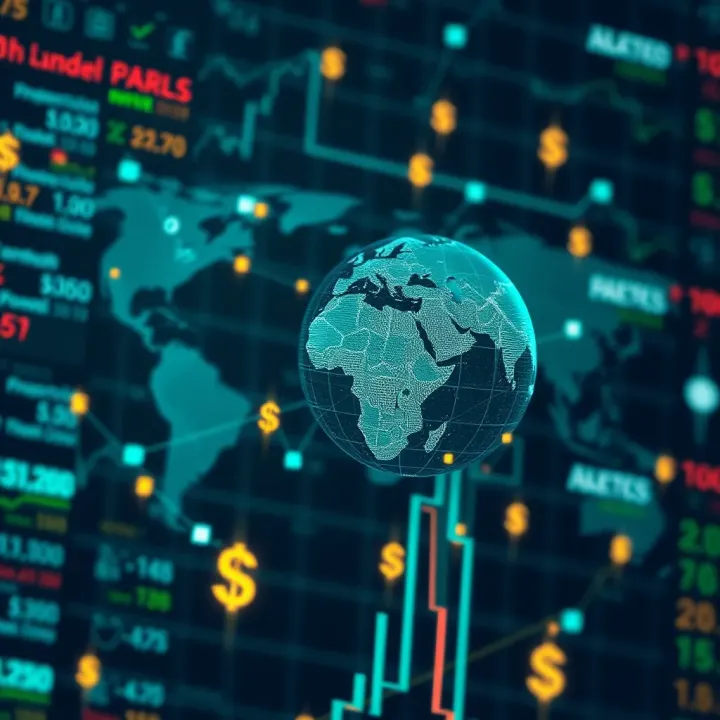Abstract representation of global forex market with interconnected currency symbols and financial data
