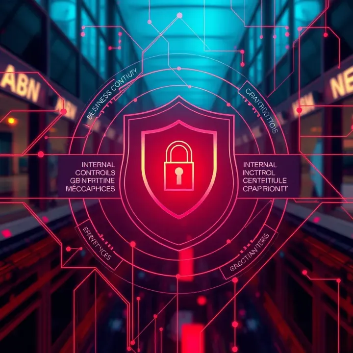 Ensuring Business Continuity through Operational Risk Control and Threat Protection Conceptual graphic showing protection shield encompassing business continuity aspects such as internal controls and threat mitigation