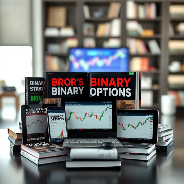 Key Strategies and Risk Considerations in Binary Options Trading Collection of books and digital devices displaying trading strategies and risk management
