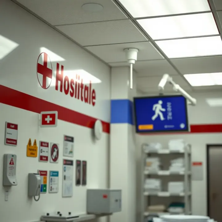Hospital Safety Signage and Organized Medical Equipment for Risk Management Hospital environment showing safety signage and organized medical equipment