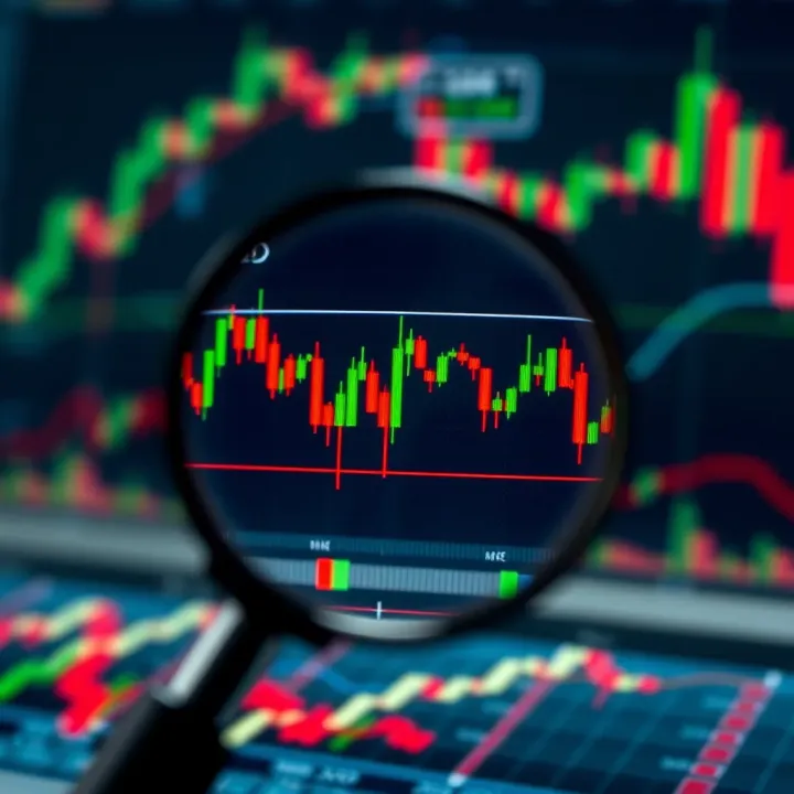 Magnifying glass focusing on binary options chart highlighting suspicious activity