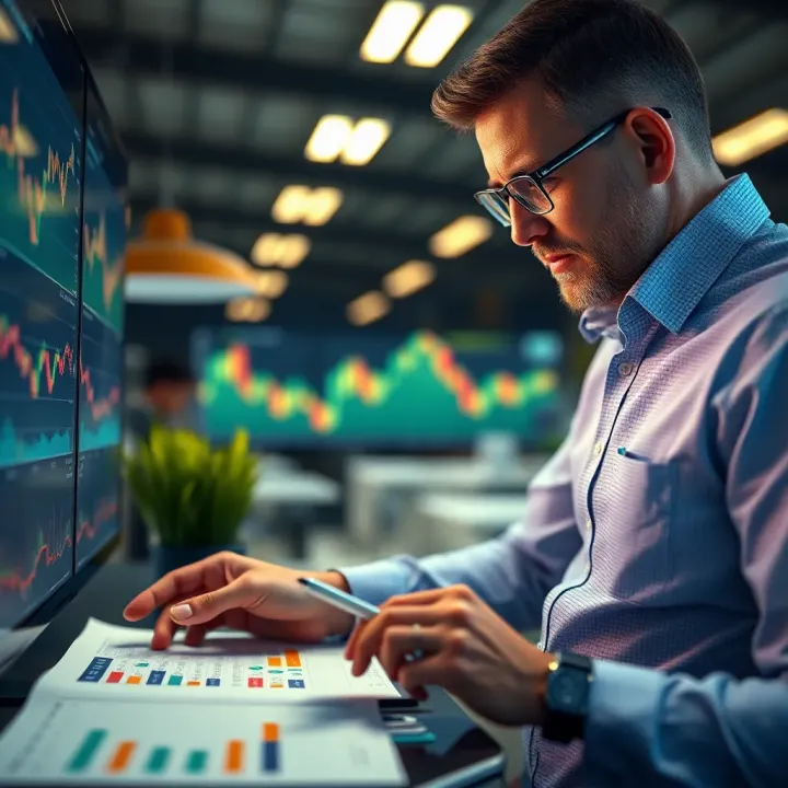 Investor Analyzing Economic Data and Market Trends Investor analyzing economic data charts and market trends for informed decision making