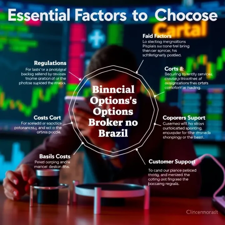 Graphic depicting key factors for selecting a binary options broker including regulations, costs, and customer support