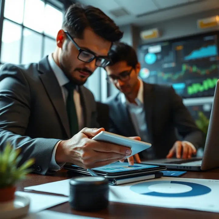 Business professionals analyzing charts and market data on a digital tablet