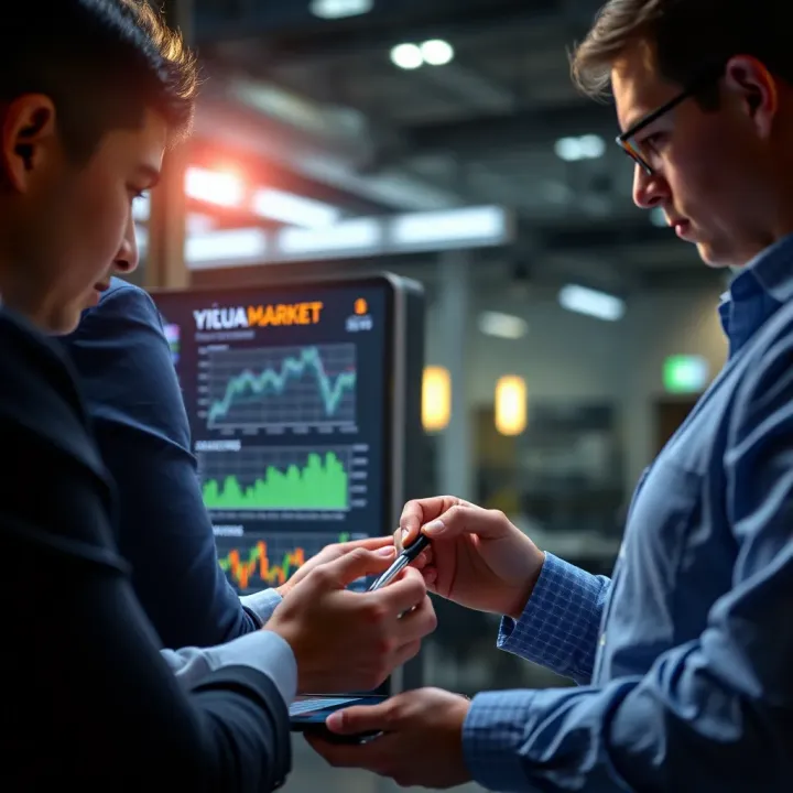 Business team analyzing market data charts on a digital tablet to assess competitive environment