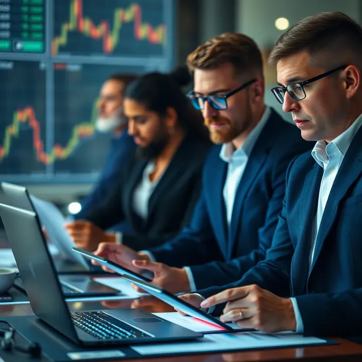 Business professionals analyzing market trends and data charts on digital devices