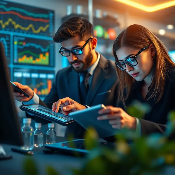Business professionals analyzing market trends and competitor data on digital devices