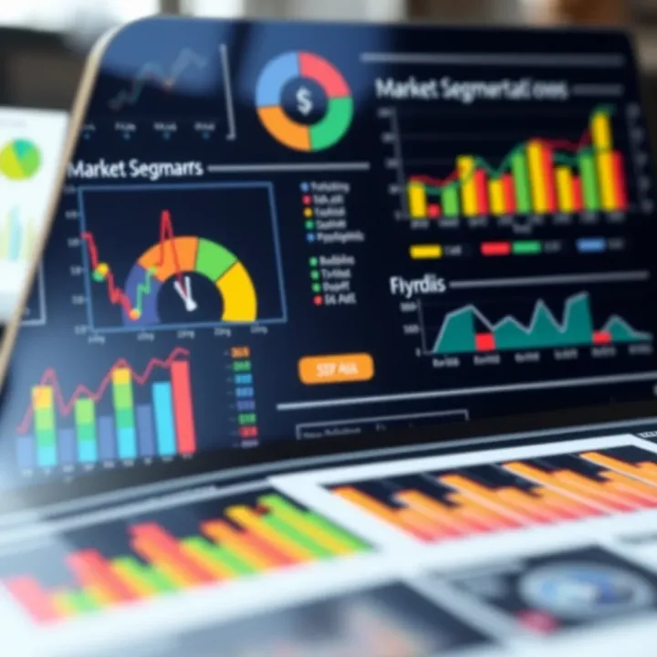 Graphical representation of market segments with colorful charts and data points