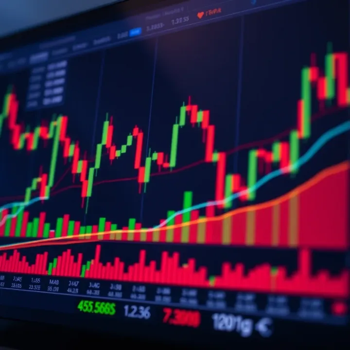 Chart displaying candlestick patterns and moving averages to analyze financial market trends