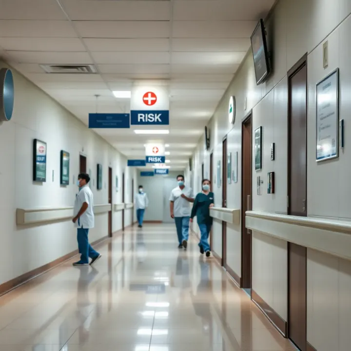 Hospital corridor with safety signage and medical staff adhering to protocols