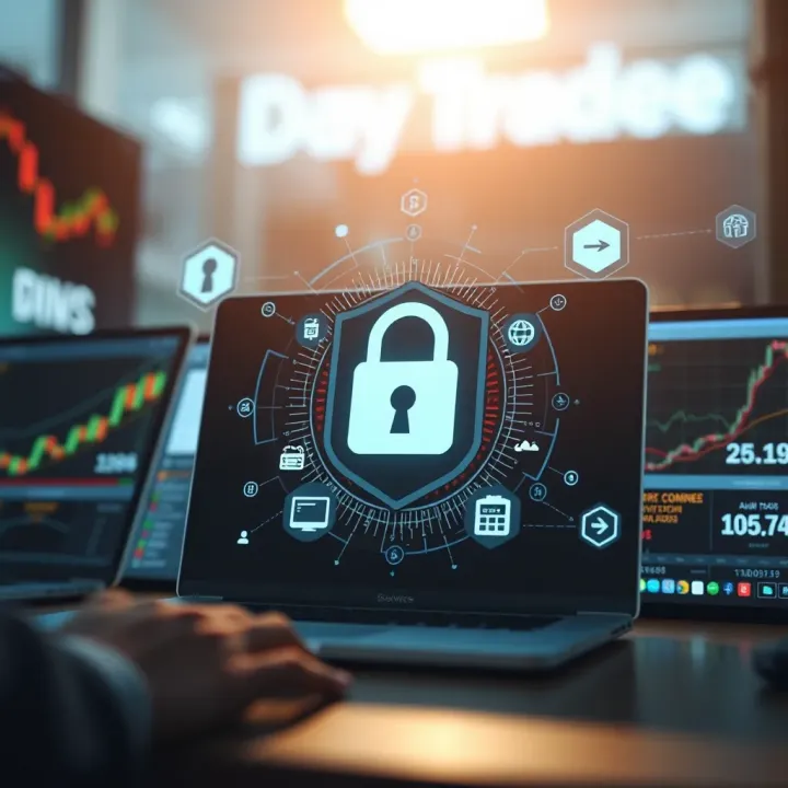 Secure Online Trading with Emphasis on Safety and Reliability Conceptual illustration of secure online trading with digital shield and financial icons