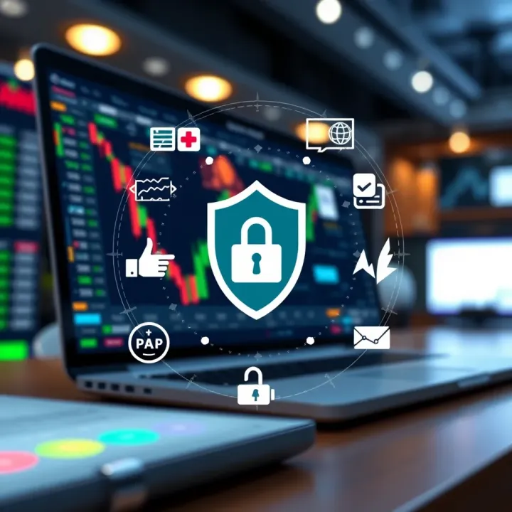 Illustration of secure online trading platform with regulatory compliance icons