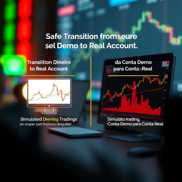 Safe Transition from Demo to Real Account in Financial Trading Graphic depicting secure financial transition steps from a simulated trading environment to a live trading platform