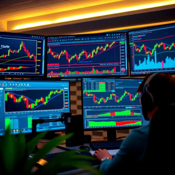 Essential Tools and Strategies for Effective Day Trading Set of trading tools including computer screens with market charts, financial news, and trading software interface