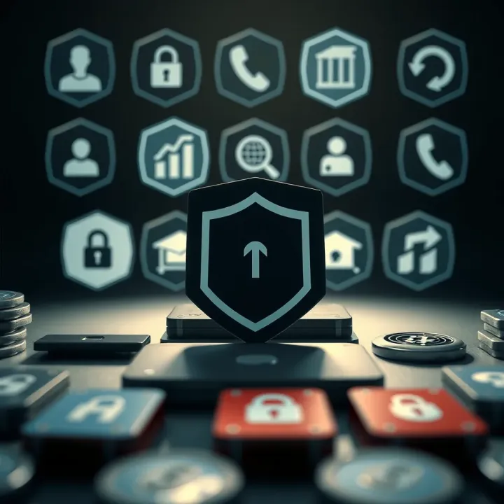 Trusted Online Courses and Fraud Prevention Collection of trusted online course icons with security shield symbol