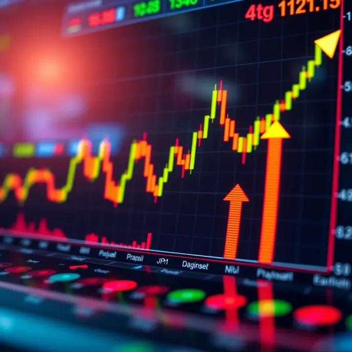Graph illustrating binary options trading with financial symbols and upward trend arrows