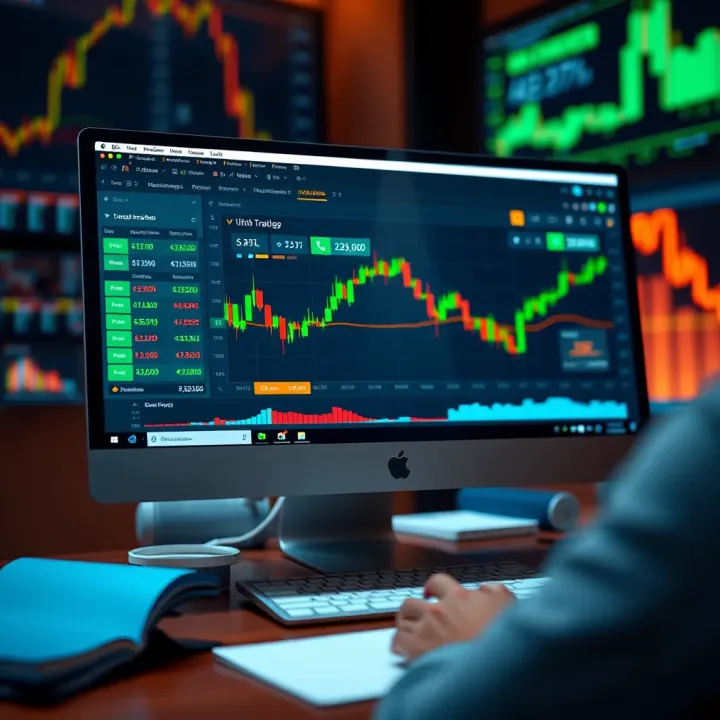 Illustration showing a computer screen displaying a demo trading account interface with virtual funds