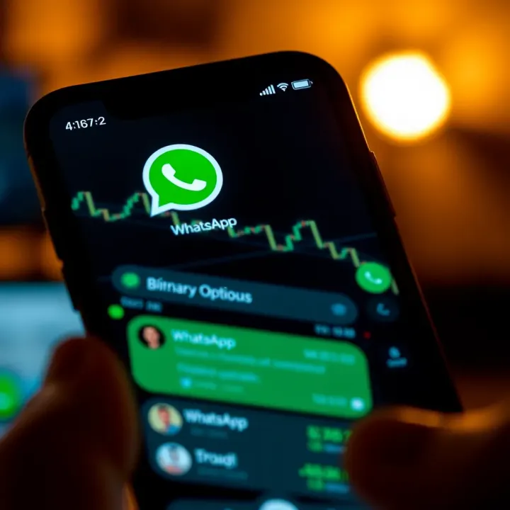 Inside a WhatsApp Group Focused on Binary Options Trading Smartphone screen showing a WhatsApp group chat discussing binary options trading strategies in a financial context
